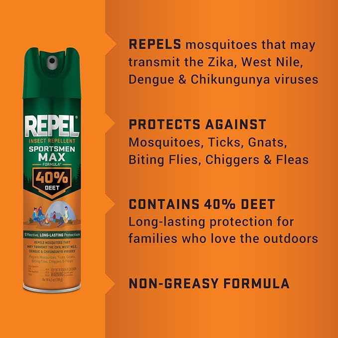 Repel Insect Repellent Sportsmen Max Formula 40% DEET, 6.5 Ounces, Long-Lasting Aerosol Insect Repellent Spray Repels Mosquitoes, Ticks, Gnats, Biting Flies, Chiggers And Fleas, 12 Pack