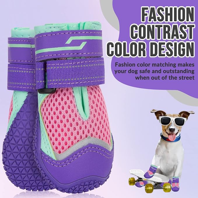 SlowTon Dog Shoes for Large Small Medium Dogs - Breathable Dog Boots for Summer Hot Pavement, Paw Protector for Outdoor Walking Winter Snow, Anti-Slip Rubber Dog Booties for Hardwood Floor (Pink, 5)