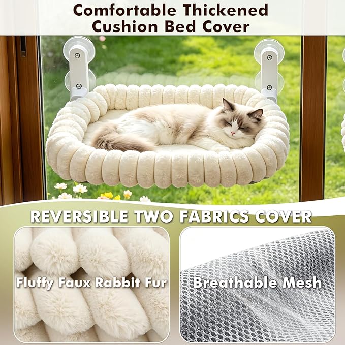 AMOSIJOY Cordless Cat Window Perch, Window Hammock for Cats with 4 Strong Suction Cups, Solid Metal Frame and Cushion Bed Cover, Indoor Cat Bed (L,Stripe)
