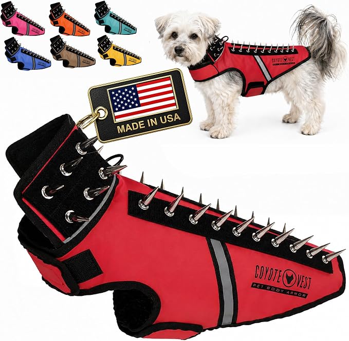 CoyoteVest SpikeVest Dog Harness, Made in the USA, S-Red | Stab-Resistant Protective Vest | Coyote Vest for Dogs | Defends Against Coyotes, Dogs, Birds of Prey | Reflective Safety
