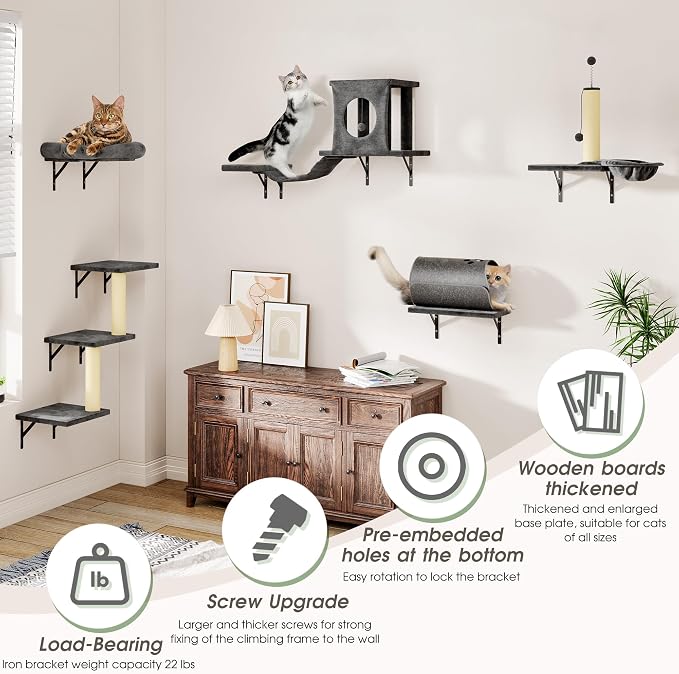 Cat Wall Shelves, 7-in-1 Wall Mounted Cat Climber Set, Indoor Cat Furniture – Includes House, Tunnel, Bridge, Steps, Scratcher, Hammock, Shelves, Dark Gray