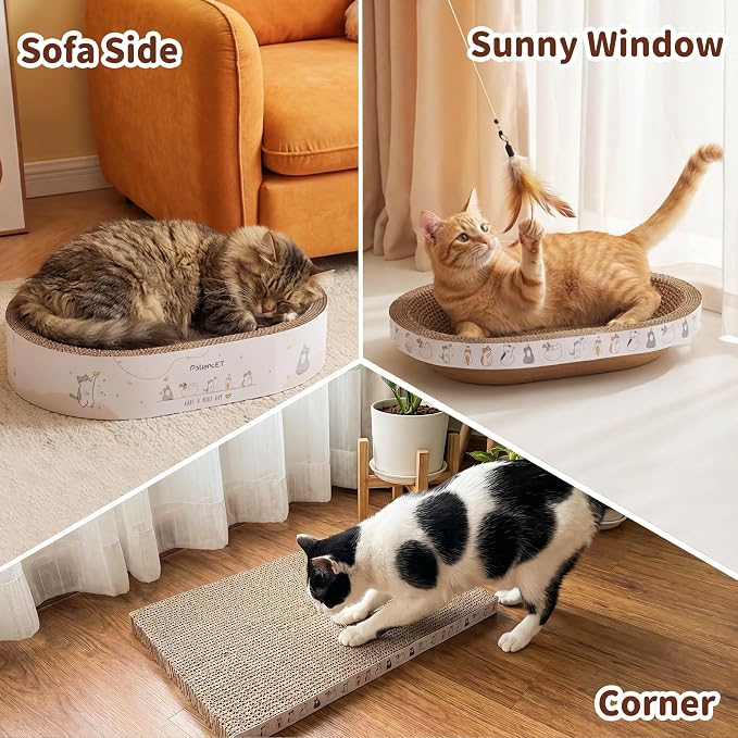 PatiencET 3-in-1 Cat Scratcher Cardboard Set for Indoor Cats | Cat Lounge Box with Wide & Slim Oval Cat Beds, Corrugated Cat Scratching Board for Furniture Protection, Rest & Play