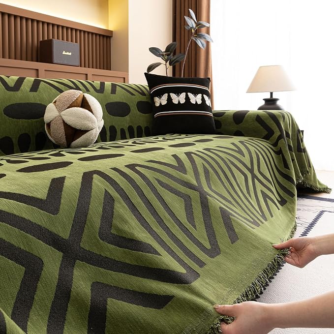 VClife Bohemian Green and Black Couch Cover Western Aztec Sofa Cover for 2 Cushion Couch Sofa Washable Chenille Sofa Slipcover Boho Non Slip Geometric Couch Covers for Sectional Sofa 71''x118''