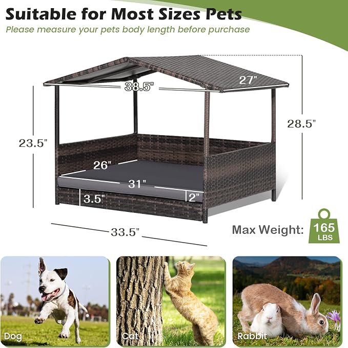 Tangkula Wicker Dog House, Indoor Outdoor Raised Rattan Dog Bed w/Removable Cushion, Washable Cover, Weatherproof Roof, Rattan Puppy Shelter w/Elevated Floor for Small Medium Dogs (Grey)