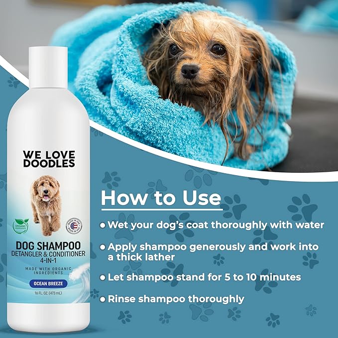 We Love Doodles 2 PACK Pet Rubber Bath Brush and Dog Shampoo (Bundle) - for Shower Scrubbing & Soothing Massage and Organic Dog Shampoo, Conditioner & Detangler - Made in The USA