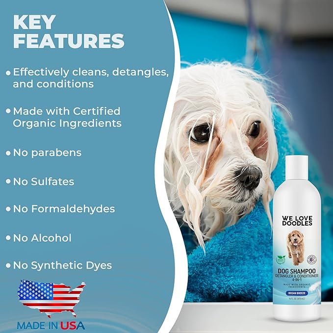 We Love Doodles 2 PACK Pet Rubber Bath Brush and Dog Shampoo (Bundle) - for Shower Scrubbing & Soothing Massage and Organic Dog Shampoo, Conditioner & Detangler - Made in The USA