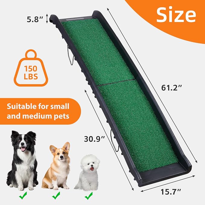 Folding Dog Car Ramps, Dog Steps for Bed, Length Portable Pet Ramp Stairs Step Ladder for Car, Truck,Non Slip Rug Surface, Dog Stairs for Large Dogs Up to 154LB (62 Inch Artificial Grass)