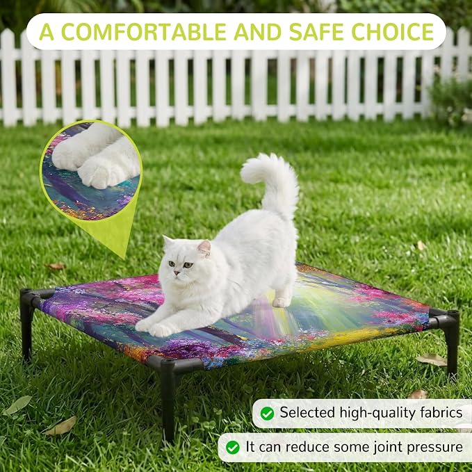 Outdoor Elevated Dog Bed for Small Dogs, Spring Tree Breathable Cooling Raised Dog Cot for Indoor/Outdoor, Forest Sunbeams Floral Botanical Waterproof Elevated Pet Beds, S 20 x 20 in