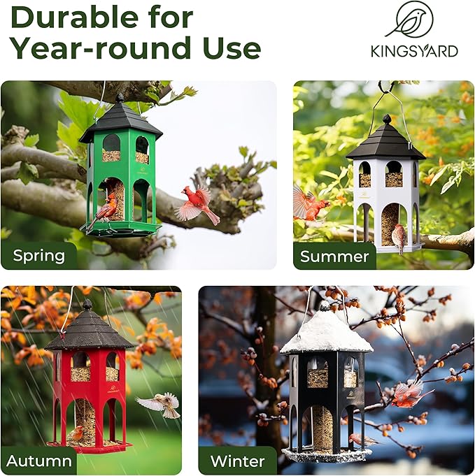 Kingsyard Metal Bird Feeder for Outdoor Hanging, Wild Bird Feeders with Circular Perch, Easy to Clean & Refill, 4 lbs Large Seed Capacity, Black
