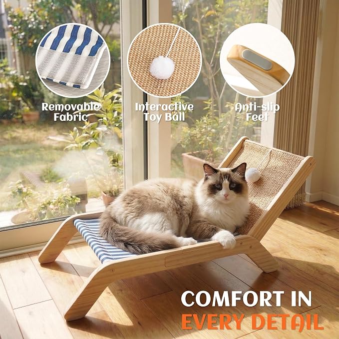 PETKARAY Cat Hammock with Coconut Palm Tree Scratching Post, Cozy Beach Chair Elevated Cat Beds, Original Lounger for Indoor Cats
