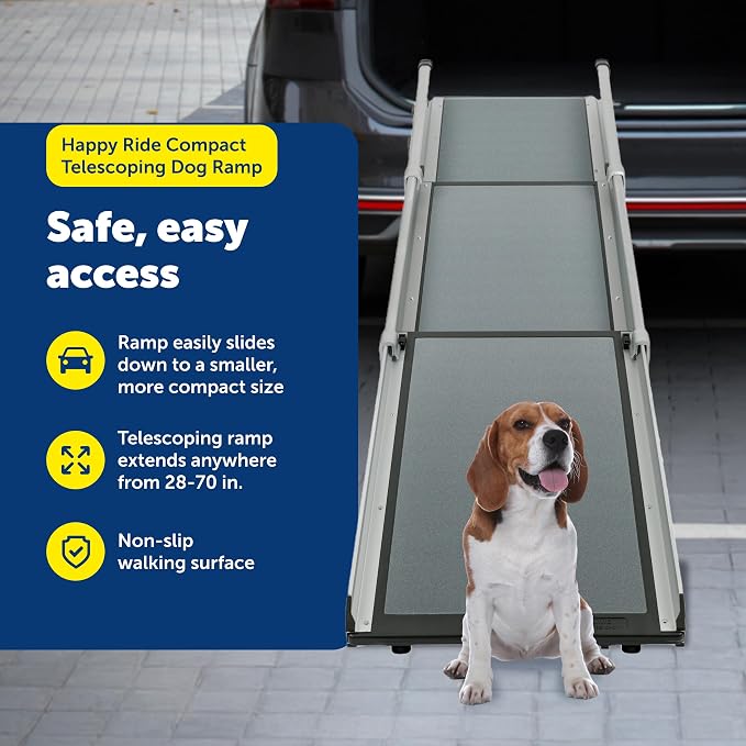PetSafe Happy Ride Compact Telescoping Dog Ramp | Most Compact Size, Extends 28-70 in for Most Vehicles, Rubber Feet, Side Rails, Safety Latch, Supports Dogs up to 300 Lb