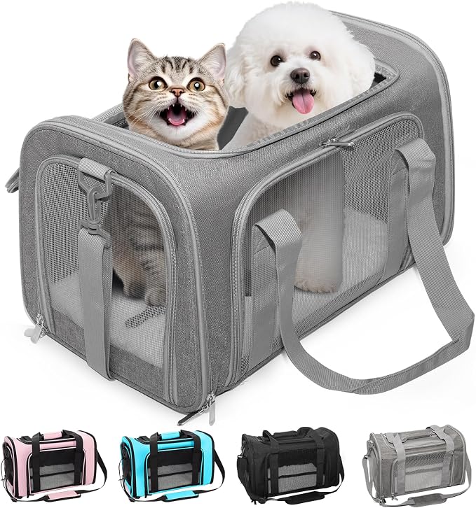 Soft-Sided Cat Carrier Expandable Pet Carrier Airline Approved Mesh Travel Carrier Up to 15lbs for Cats Small Dogs Collapsible Escape-Proof with Shoulder Strap Washable (18x11x11 Gray)