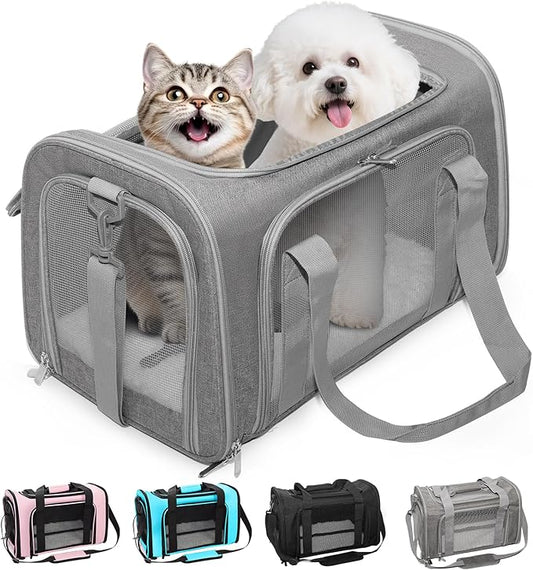 Soft-Sided Cat Carrier Expandable Pet Carrier Airline Approved Mesh Travel Carrier Up to 22lbs for Cats Small Dogs Collapsible Escape-Proof with Shoulder Strap Washable (20x13x13 Gray)