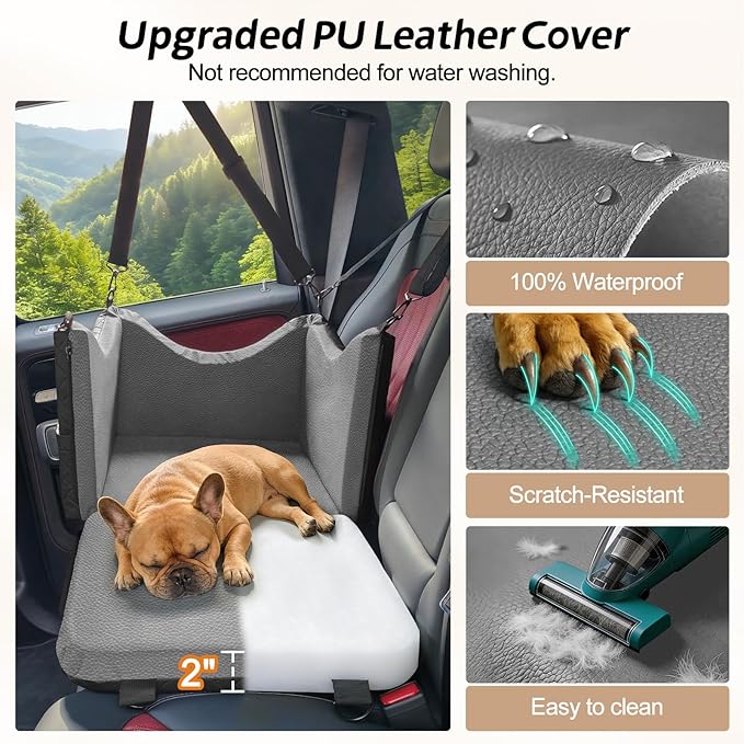 JOEJOY PU Dog Car Seats for Small Medium Dogs, Wipe Clean Waterproof Dog Booster Seat with 2.5 inch Cushion, Thickened 2 inch Memory Foam Pet Car Seats with Safety Belt and Storage Pockets