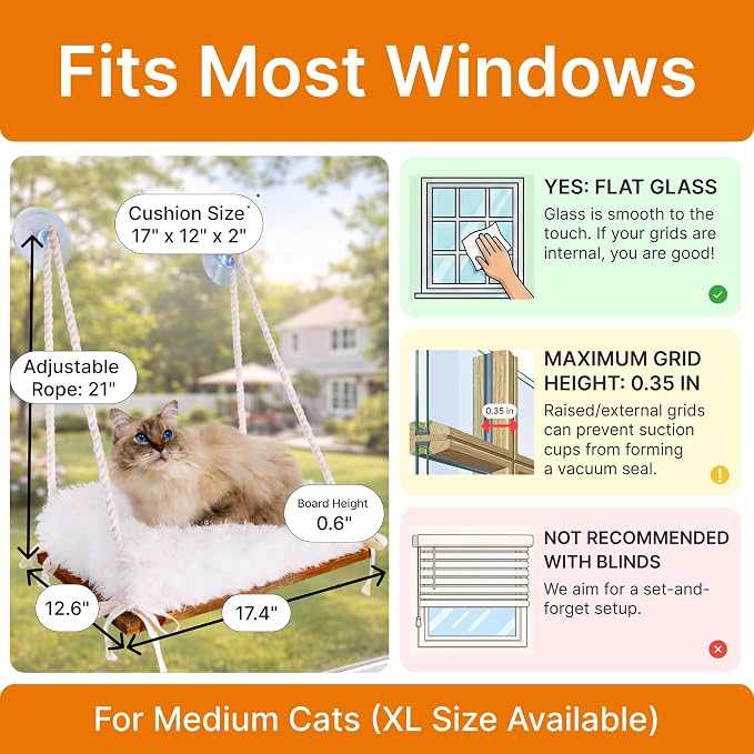 Cat Hammock with Industrial-Grade Suction Cups - Solid Pine Wood Seat, Soft Cushion - 42 lb Capacity