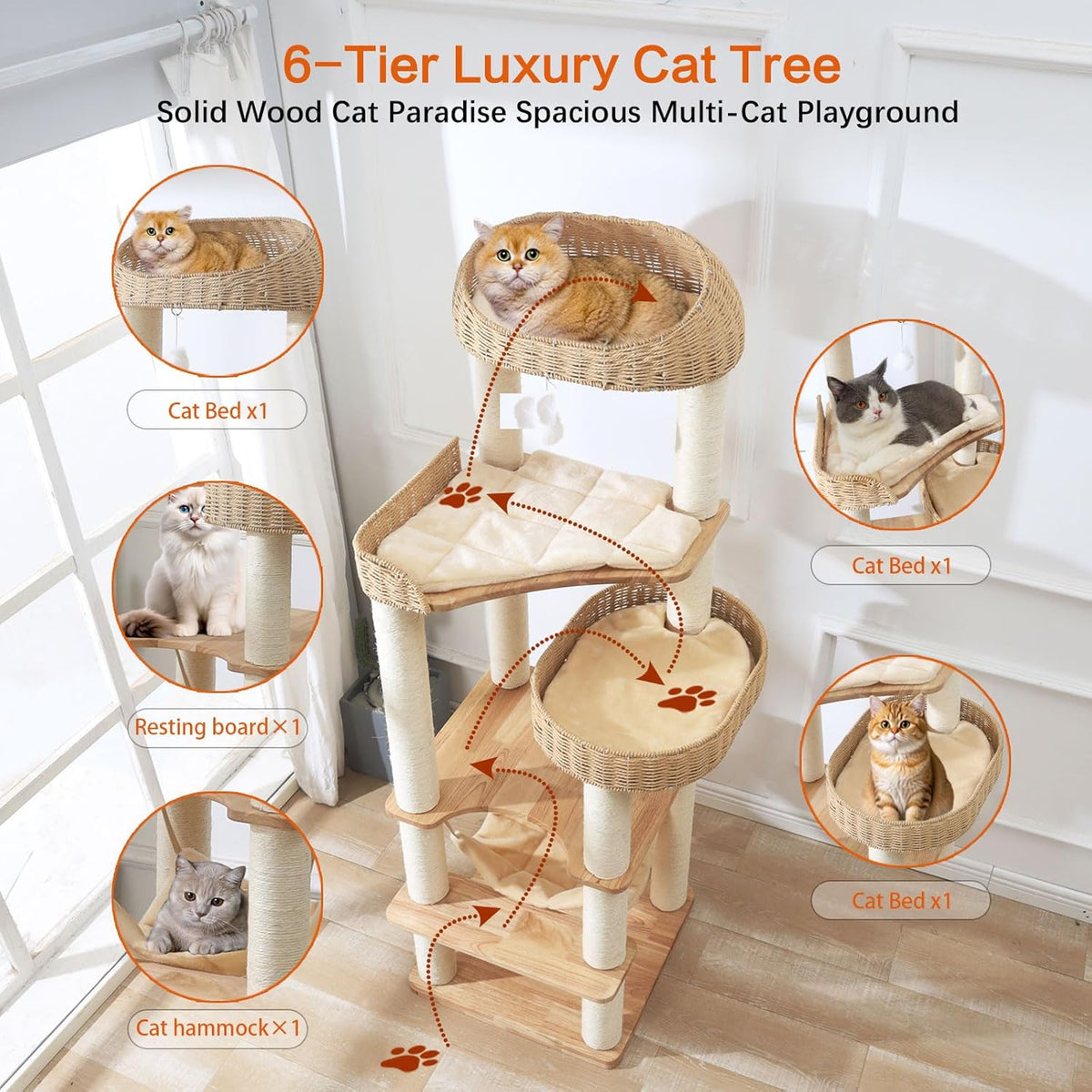 Wooden Cat Tree for Indoor Cats, 62-Inch Tall Cat Tower with Scratching Post for Large Cats, Solid Wood Cat Condo with Handwoven Basket, Modern Cat Tree Tower with Hammock, Easy to Clean