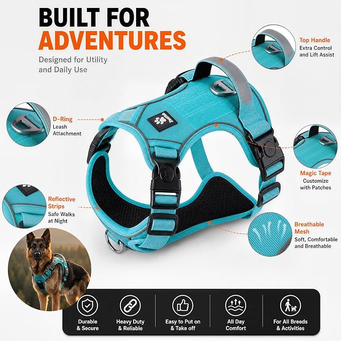 Heavy Duty Dog Harness for X-Large Dogs, No Pull Tactical Reflective Vest | 3 Point Locking Buckles, Dual Leash Clips, Handle, Reflective Strips, Hook & Loop Panel, Metal D Ring, Adjustable (Blue)