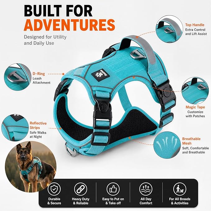 Heavy Duty Dog Harness for Large Dogs, No Pull Tactical Reflective Vest | 3 Point Locking Buckles, Dual Leash Clips, Handle, Reflective Strips, Hook & Loop Panel, Metal D Ring, Adjustable (Blue)