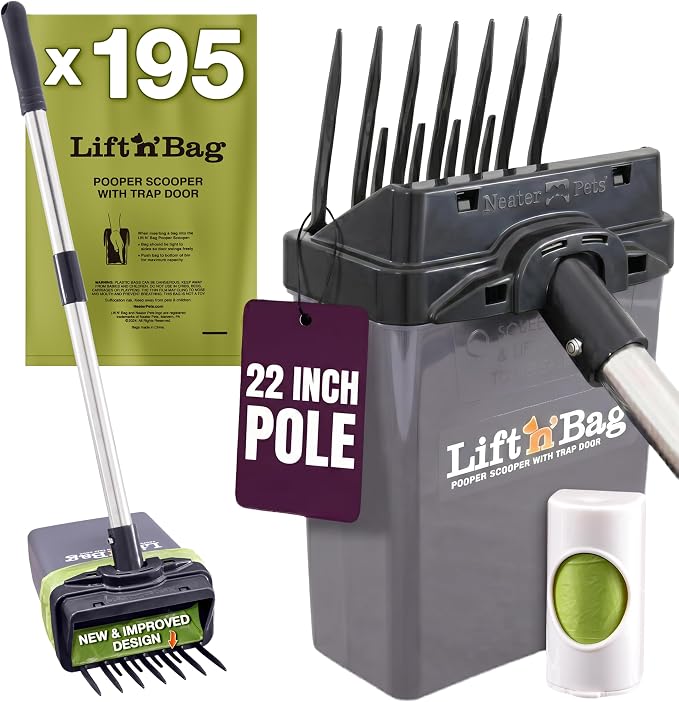 Neater Pet Brands Lift N’ Bag 2.0 Dog Pooper Scooper with Bag Attachment & 22" Pole for Small to Large Dogs, New & Improved Design, 195 Refill Bags, Heavy Duty Dog Poop Scooper for Yard, One-Hand Use