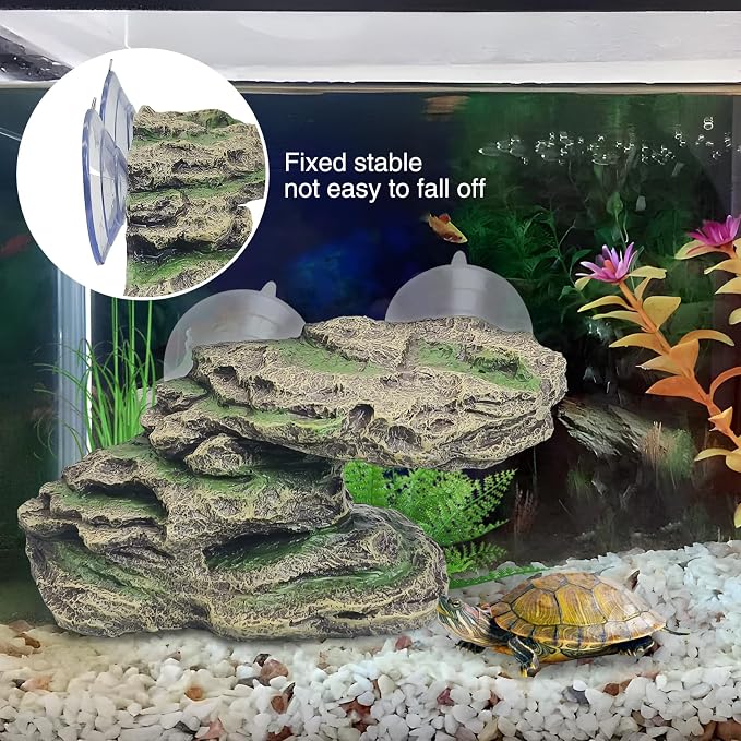 kathson Turtle Basking Platform Floating Turtle Dock Baby Tortoise Climbing Ramp Shale Reptiles Dock Resting Terrace Stone Aquarium Ornament for Frogs Newts (Green Size:8.2”Lx3.3”Wx3.1”H)