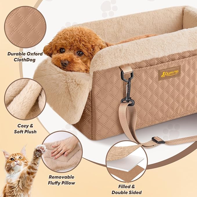 QUMY Middle Center Console Dog Car Seats for Small Dogs Up to 11lbs, Khaki | Portable Dog Booster Car Seat, Multi-Purpose Puppy CarSeat with Adjustable Harness, Small Dog Cat Pet Car Carriers for Travel