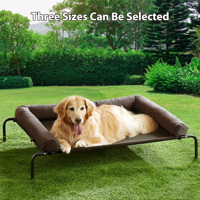 Cooling Elevated Dog Bed for Large Dogs – Waterproof Raised Dog Cot with Slope Headrest, Breathable Teslin Mesh, Durable & Portable Pet Bed for Indoor and Outdoor Use, Brown