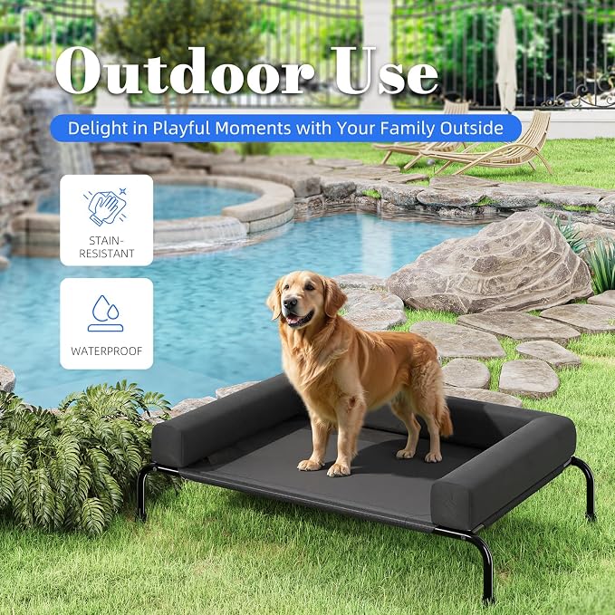 Simple Trending Elevated Dog Bed for Large Dogs with Bolsters, Black | Cooling Raised Dog Cot, Breathable Pet Bed for Outdoor, 47.75" x 31"