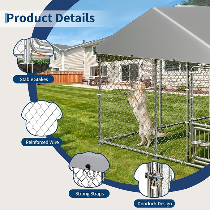 GarveeLife Dog Kennel Outdoor with Waterproof Cover, Outdoor Dog Enclosure with 360° Rotating Feeding Bowls, Dog Kennel Outside for Backyard, 7.5ftx7.5ftx6.6ft