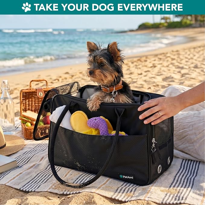 PetAmi Dog Purse Carrier for Small Dogs Cats, TSA Airline Approved Soft-Sided Pet Carrier with Pockets, Ventilated Travel Tote Bag with Bed & Shoulder Strap, Puppy Kitten, Max 12 lbs, Black