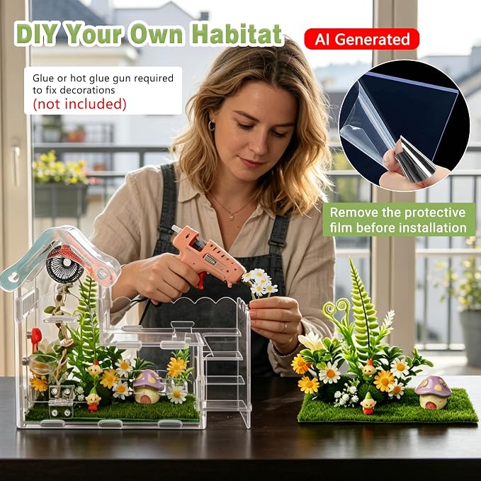 29-in-1 Jumping Spider Enclosure Kit, Acrylic Arboreal Terrarium with Magnetic Front Opening & Sliding Top, Staircase Mushroom Decor, Small Reptile Habitat for Mantis Tarantula Snail
