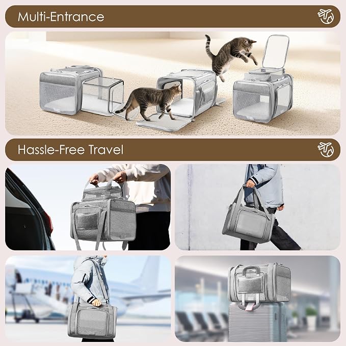 Top and 2 Sides Expandable Pet Carrier 17x11x9.5, TSA Airline Approved Small Dog Carriers for Small Dogs, Soft-Sided Cat Carrier with Self-Locking Zippers for Kitten,Rabbit, Puppy, Guinea Pig Grey