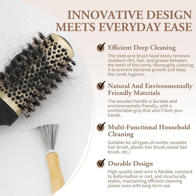2-Pack Dual-Sided Hair Brush Cleaning Tool - Mini Cleaner Comb with Wooden Handle for Removes Hair & Buildup from Boar Bristle, Paddle, Detangling & Styling Brushes