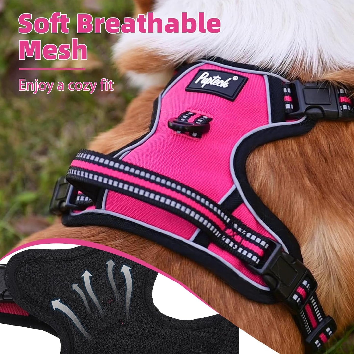 PUPTECK No Pull Dog Harness for Large, Adjustable Reflective Dog Harness with Handle Easy Control, Comfortable Soft Padded Pet Vest Harness for Large Dogs, Fuschia L