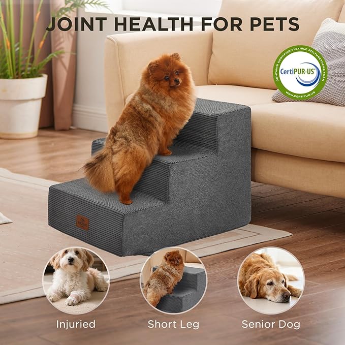 Joydeco Dog Stairs for Bed 15" H, 3-Step Pet Steps for Small Dogs and Cats, Dog Steps for High Bed, Non-Slip Balanced Ramp Indoor Pet Stairs, Gray