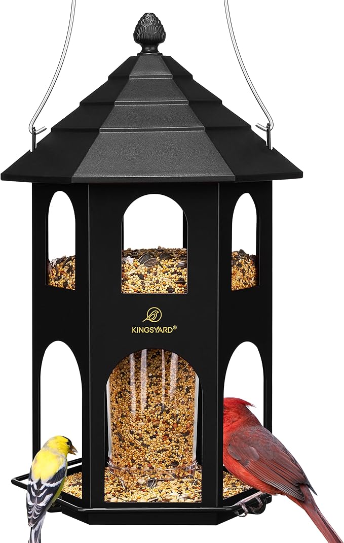 Kingsyard Metal Bird Feeder for Outdoor Hanging, Wild Bird Feeders with Circular Perch, Easy to Clean & Refill, 4 lbs Large Seed Capacity, Black