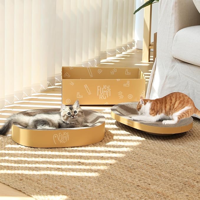 FUKUMARU 3PCS Cardboard Cat Scratcher Bed, Durable Oval Cat Scratch Pads | Round Cats Scratching Board Set, Large Scratcher Box for Indoor Cats, Kitten Scratcher Bowl, Couch Sofa Furniture Protector