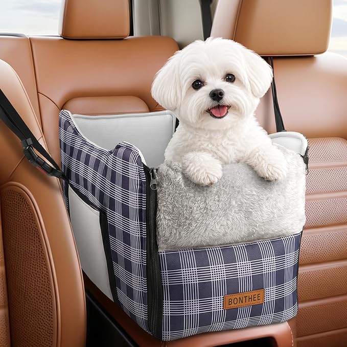 Center Console Dog Car Seat for Small Dogs-Washable Plaid Oxford Pet Booster Seat,Anti-Collapse Design with Soft Plush & Sturdy Support Board,Adjustable Safety Leash for Small Dogs & Cats up to 15 lbs