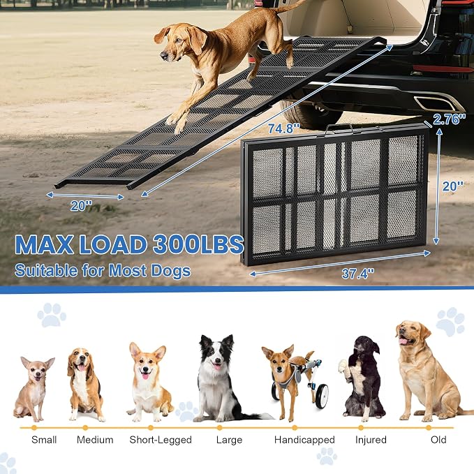 Dog Ramp for Car, 74"x 20" Large Folding Pet Stair Ramp with Non-Slip Mesh, Extra Wide Dog Steps for Medium & Large Dogs Up to 300LBS, Outdoor Portable Dogs Cars Ramp for Car SUV, Truck, RV