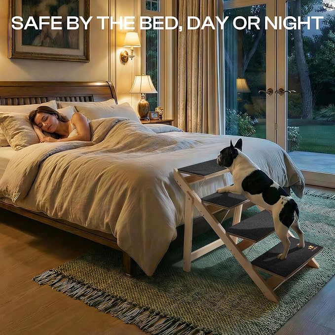 Luciphia Wooden 2-in-1 Dog Stairs, 3-Step Foldable Anti-Slip Pet Steps | For beds, cars, and couch, supports up to 220lbs, ideal for small, aged, and injured dogs and cats, indoor and outdoor use