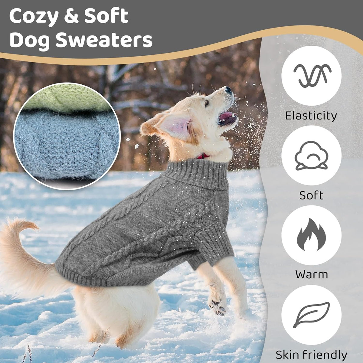 Queenmore Small Dog Pullover Sweater, Cold Weather Cable Knitwear, Classic Turtleneck Thick Warm Clothes for Chihuahua, Bulldog, Dachshund, Pug (Slate Grey, Medium)