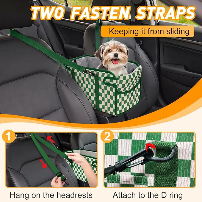 Console Dog Car Seat for Small Dogs, Foldable Booster Seat, Green Checkered | Portable Booster Seat Sits On Car Console/ Armrest. Foldable for Easy Storage. for Center Console, Easy To Clean.
