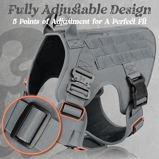 rabbitgoo Tactical Dog Harness for Medium, Heavy Duty Military No Pull Vest | Sturdy Metal Buckles, 5 Adjustments, Molle System, Powerful Pullers for Training, Hunting, Outdoor, Grey, Medium