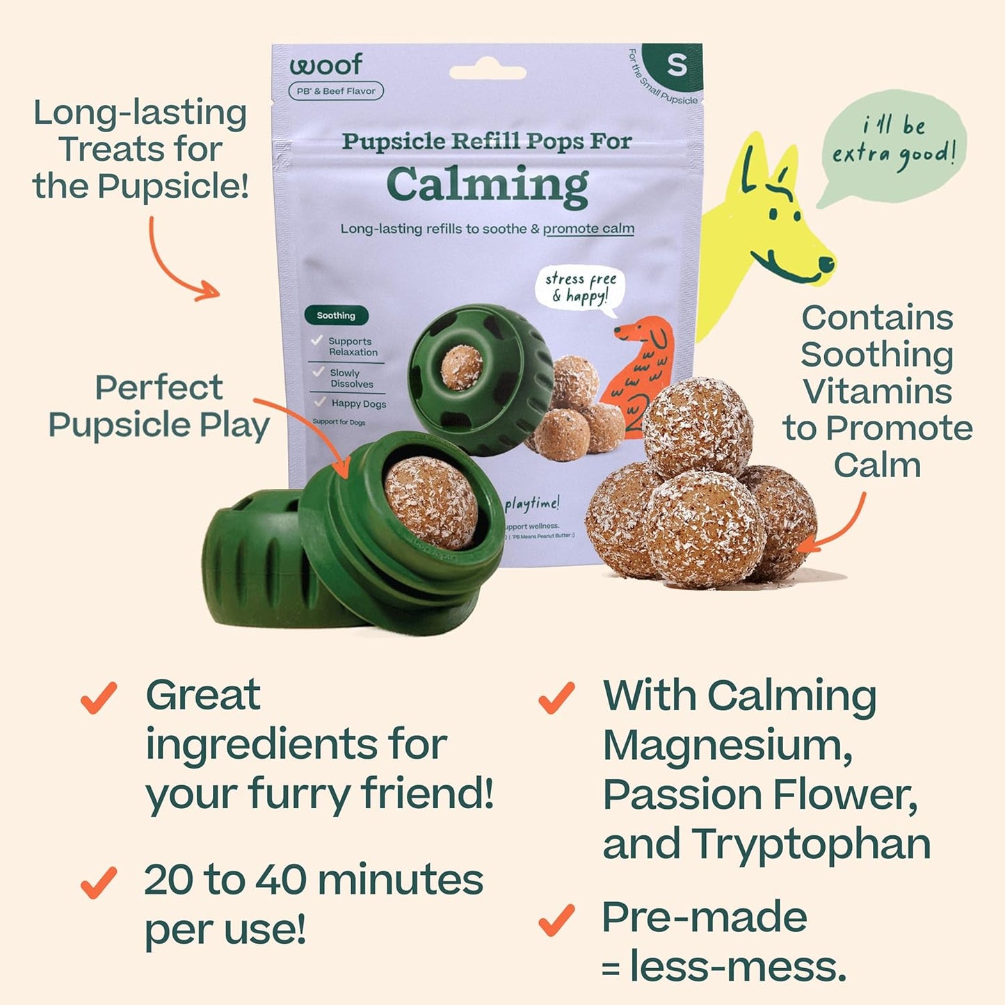 WOOF Pupsicle Refill Pops for Calming - Long-Lasting Refills for The Pupsicle Toy to Promote Calm - Calming Dog Treats - Magnesium for Dogs- Small Pops - 10 Count