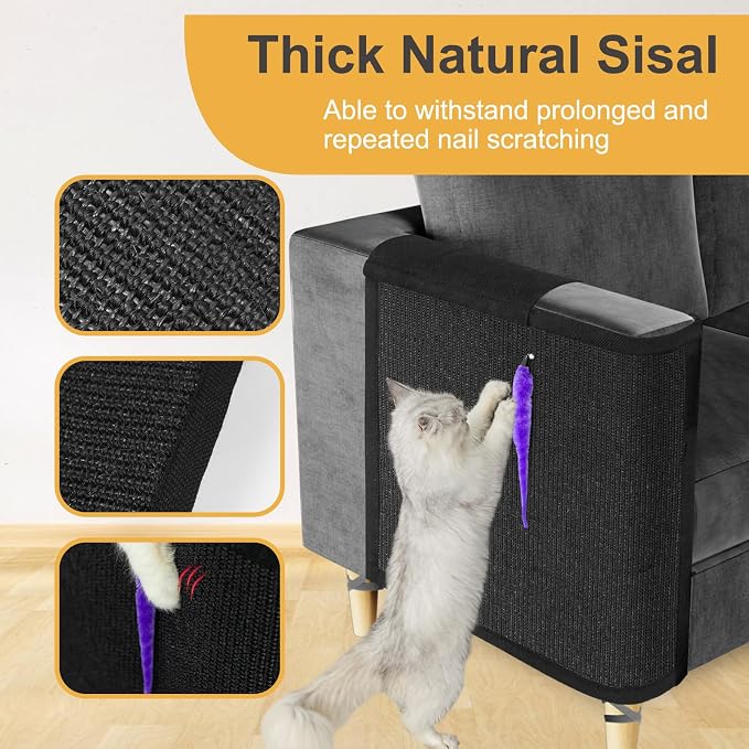 Cat Scratch Couch Protector,Cat Scratch Sofa Armrest Cover with Sisal Mat and Toy for Cats,Sofa Scratcher Furniture Protector 23.6’’L*19.7’’W (Black/Right Hand)