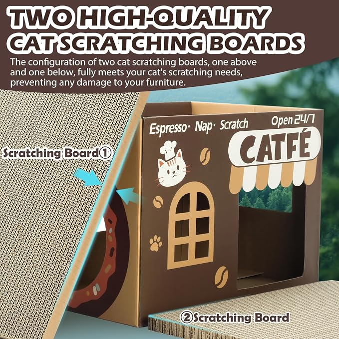 ARGOPET Cardboard Cat Scratcher House, Cozy Cardboard Design with 2 PCS Scratching Pads, Cat Scratcher Box & Bed, 17-Inch Corrugated Cat Scratcher, Safe and Secure for Kittens, Easy to Assemble（Brown）