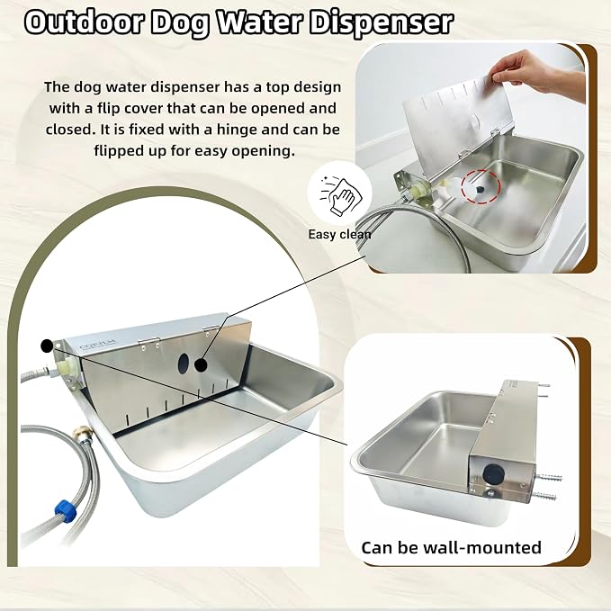 Stainless Steel Automatic Pet Waterer with Flip-Top & Wall Mount | Outdoor Auto-Fill Water Bowl with Adjustable Float,Wide Drinking Area,Easy To Clean,for Dogs,Chickens & Other Poultry