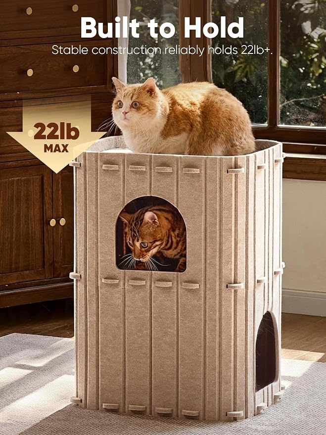 FUKUMARU Cat House for Indoor Cats, Warm Felt Cat Bed, Scratch Resistant | Large Cat Bed Cave, 3-in-1 Cat Condo, Cozy Felt Covered Cats Tunnel, 23.62 Inch Kitten Hideaway for Multicats, Beige