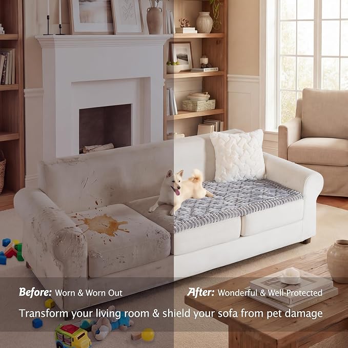 PuTian 100% Waterproof Fuzzy Couch Cover for Dogs Light Grey 27.6"x82.7" | Pet Friendly Dog Mat for Couch, Waterproof Sofa Protector, Scratch Resistant Furniture Cover for Dogs, Machine Washable