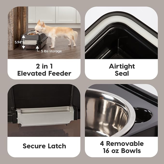 IRIS USA Elevated Dog Bowls 6" H, up to 5 lb Storage, Black, Made in USA | Comes with 4 Stainless Steel Bowls (16 oz), Elevated Feeder, Reduce Strain, Perfect for Camping & Outdoors