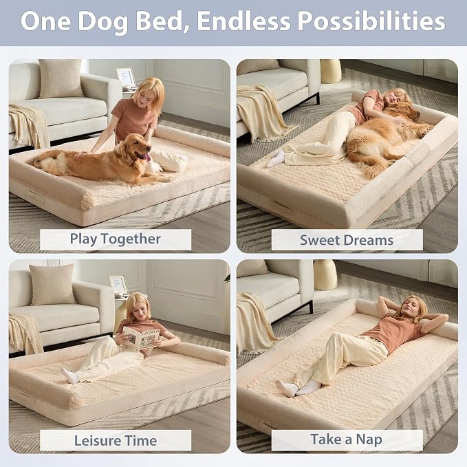 BFPETHOME Orthopedic Washable Human Dog Bed for Adult & Dog Cozy Sleep | Human Size Waterproof Big Soft Pet Couch Bed for Adult & Dogs Relax with Removable Cover Supportive Foam Beige 61x43 Inch